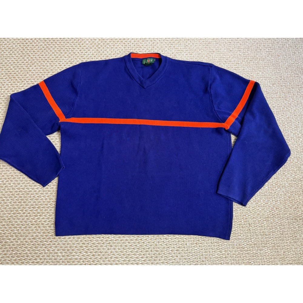 J.Crew Mens XL V-Neck Cotton Sweater Blue Orange Stripe Vintage 90's coastal